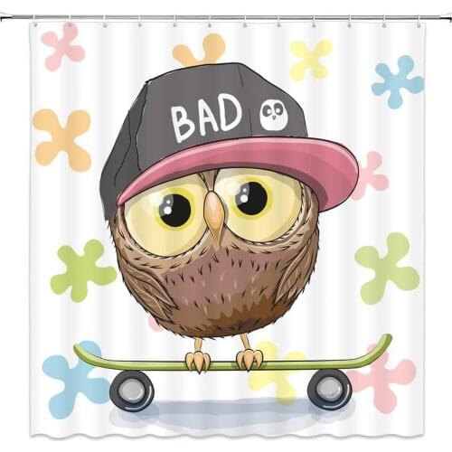 Cartoon Owl Shower Curtains Funny Bad Bird Play Skateboard Creative Child Bathroom Decor Polyester Cloth Hanging Curtain Sets