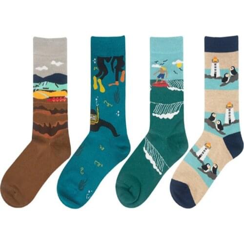 New Fashion Men Socks Illustration Cartoon Cute Personality European And American Male Socks Ladies Cotton Socks