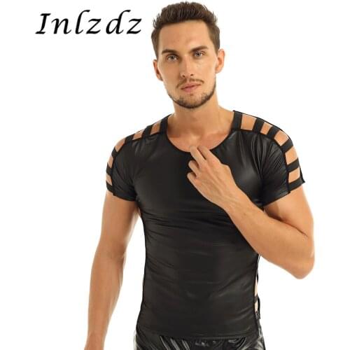 Mens Lingerie T-Shirt Tank Top Faux Leather Short Sleeve Round Neck Cut Out Elastic Band Fashion Pullover Muscle T-shirt Tops