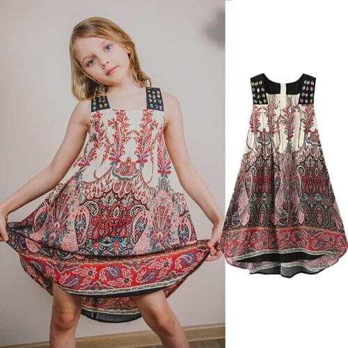 3-10Y Kids Beach Dresses For Girls Summer Dress Bohemian Style Printing Dress Baby Girls Princess Dress Children Summer Clothes