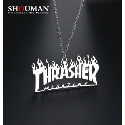 SHOUMAN All Stainless Flame Fire Cool Street Hip-Hop Rock Necklace Magazine Thrasher Letter Fashion Women Men Girl Boy Jewelry