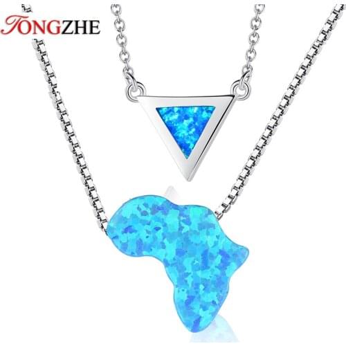 TONGZHE 925 Sterling Silver Necklace Blue Eye Opal Africa Map Pendant Collier Party Link Chains Women Necklace Girl Gift