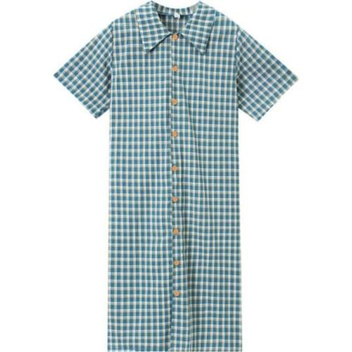 PERHAPS U Women Turn Down Collar Red Green Plaid Mid-calf Midi Dress Button Shirt Dress Short Sleeve Sweet D1598