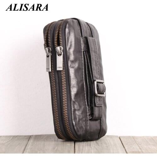 Alisara Double Zipper Clutch Bag Male First Layer Sheepskin Leather Top End Women Casual Cell Phone Wallet Storage Long Purses