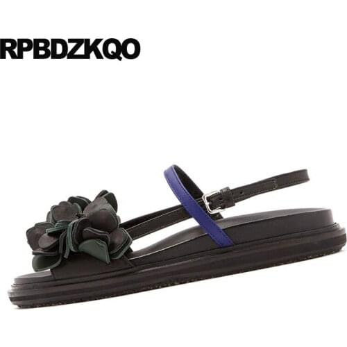 Pink orange open toe luxury shoes black flat genuine leather designer ladies platform women sandals 2019 summer slingback flower