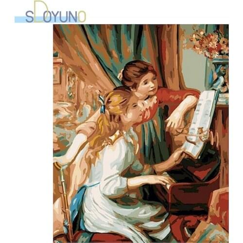 SDOYUNO 60X75cm Oil Painting by Numbers Girl playing piano DIY Paint By Numbers Frame Canvas Painting Figure Handpaint Home Deco