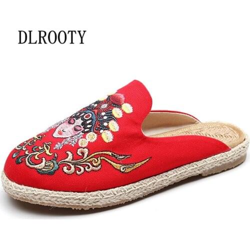 Women Slippers Hemp National Style Embroider Peking Opera Sandals Shoes Flip Flops Summer Fashion Outdoor Slides Casual Female