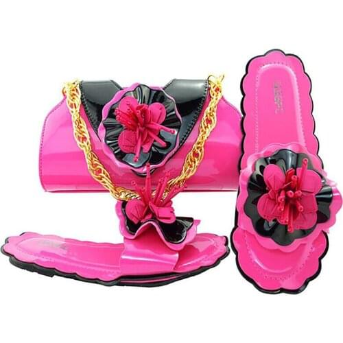 African Style Comfortable Flat Slippers And Bags With Varnished PU Leather Material Shoes And Bags, Banquet Shoes And Bags