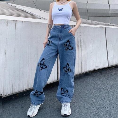 E-girl Hip Hop Vintage Jeans Woman Long Trousers Loose Cargo Pants Cowboy Female Harajuku Streetwear Butterfly Print Y2k Pant