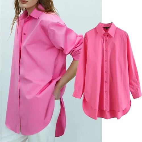 ZA 2021 New Fashion Women cotton Poplin blouse Single Breasted Blouses Turn-down Collar Long sleeve Blouse Loose Casual Shirt