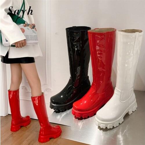 2020 Women Knee Boots Patent Leather Thick Sole Knight Motorcycle Boots Women Round Toe Winter Platform Short Botas Size 34-43