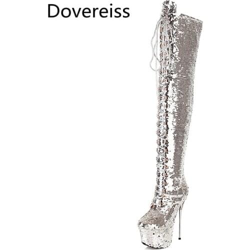 Dovereiss Fashion Womens Shoes Winter Pointed Toe Zipper new Cross tied bling-bling Over the knee boots Stilettos heels 32-43