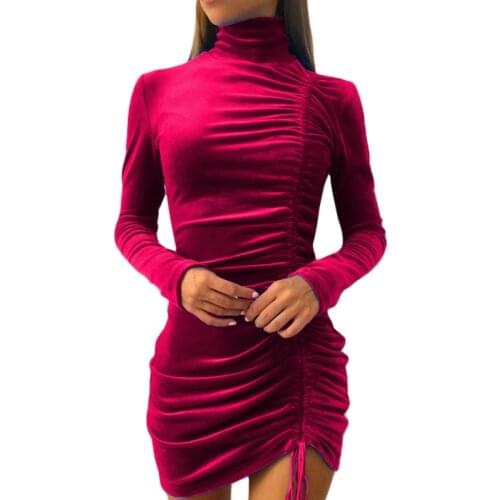 Women’s Casual Long Sleeve Skinny Dress Fashion Solid Color Drawstring Pleated Short Dress Spring Autumn Evening Party