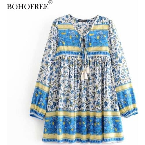 Women 2020 Spring New Casual Dress Rayon cotton Lady Bohemian Style Floral printed V-neck Full Lantern Sleeve Midi Dress Vestido