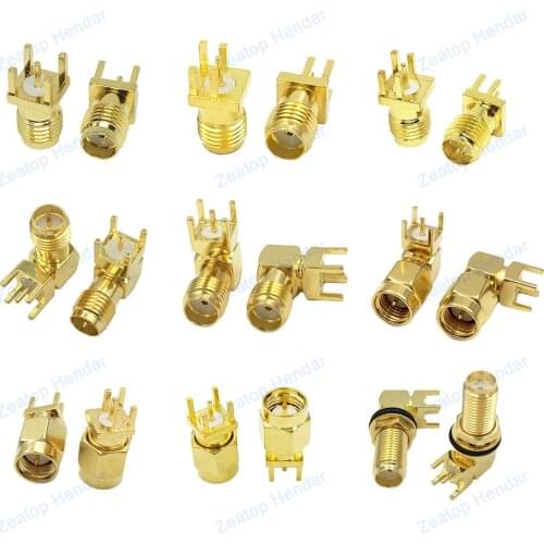 1Pcs Gold Brass SMA / RP-SMA Male / Female Solder PCB Mount Jack Right Angle Coaxial RF Coaxial SMA Connector