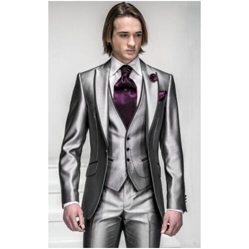 2016 Korea-Satin Bright Silver With Black Brim Man Groom Tuxedos Wedding Suits Prom/Formal Suit (Jacket+Pants+Vest+Tie)