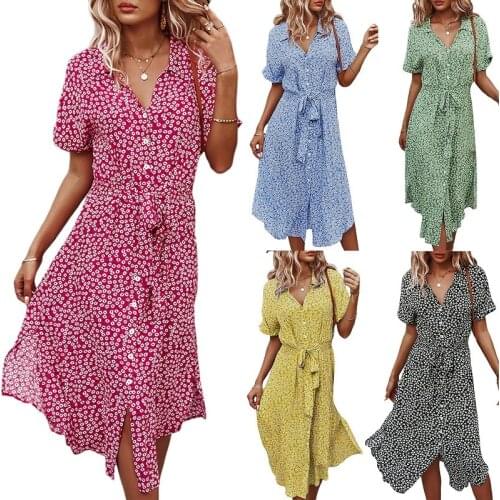 2021 Summer Dress Woman Girls Short Sleeve Turn Down Coloar Boho Floral Long Dresses Sundress Clothes