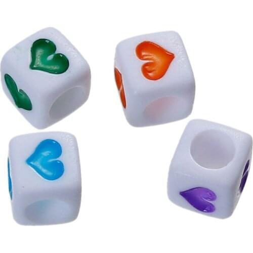 2500pcs Acrylic Spacer Beads Square White Heart Random Enamel About 6mm( 2/8") x 6mm, Hole 3.5mm Cube Acrylic Beads D25 display