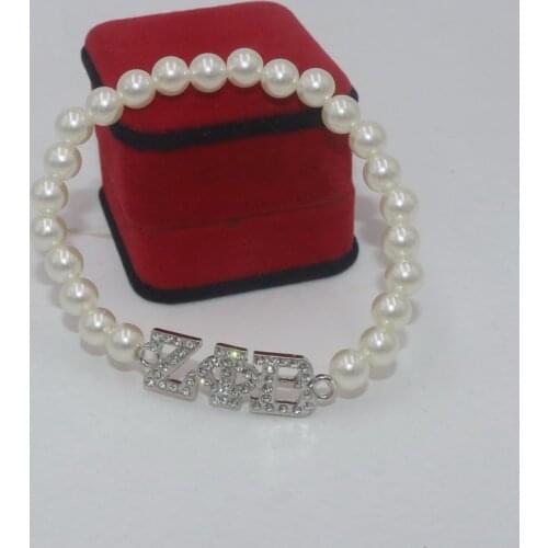 Free Drop Shipping Fashion DIY Handmade White Pearl Crystal Zeta Phi Beta Greek Sorority Symbol Elastic Beaded Bracelets Jewelry