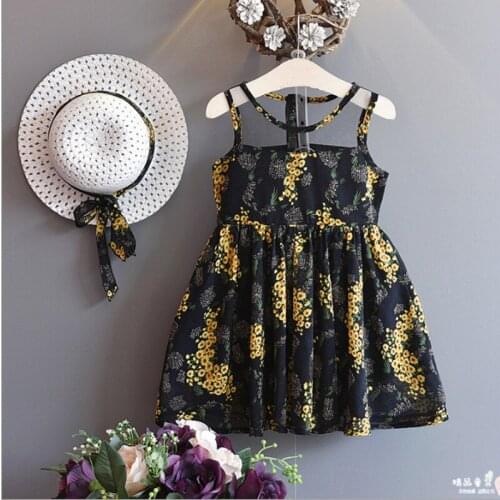 Fashion Girls Summer Dress Sleeveless Floral Dress with Free Hat Children Clothing Kids Summer Wear Baby Girl Princess Dress