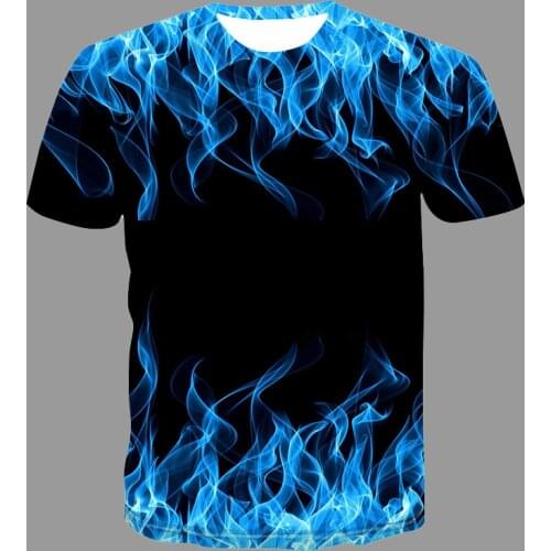 2021 Summer Short Sleeve Creative Men T-Shirt Blue Flame Print Tshirt O-Neck Quick Dry Fashion Male Female All-Match Tee Tops