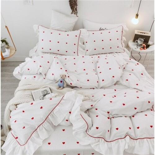 White Princess Style Duvet Cover Love Heart Print 100% Cotton Bedding set 4Piece Ruffles bed sheet pillowcases for Girl Bedroom