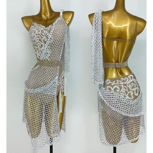 Latin Dance Costume Women Girls Latin Competition Clothes Grid Embroidery Sexy Tassels Rhinestone Salsa Performance Wear BL6593