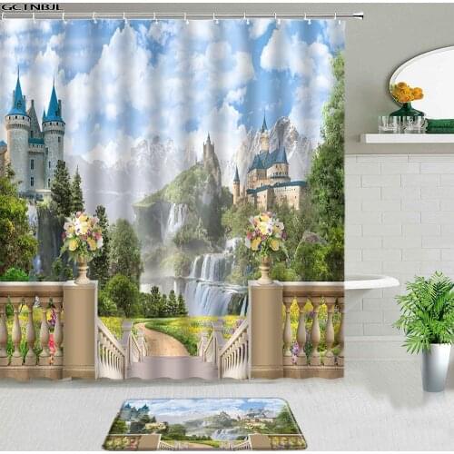 Landscape Shower Curtains Set With Rug Mediterranean Sea Natural Scenery Bathroom Decor Carpet Bathtub Screen Non-slip Floor Mat