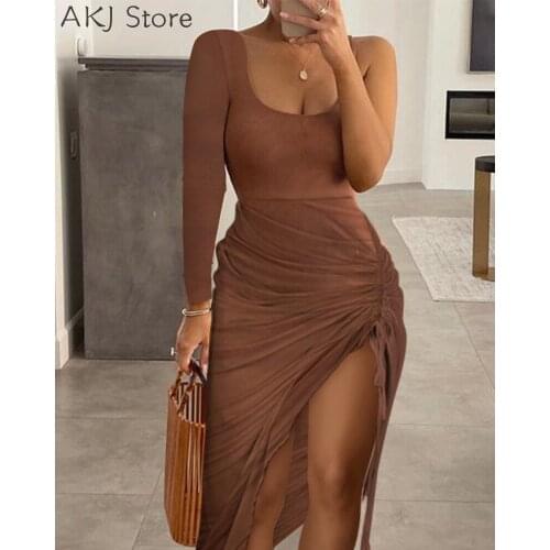 Summer Solid Color Drawstring Ruched High Slit Bodycon Dress
