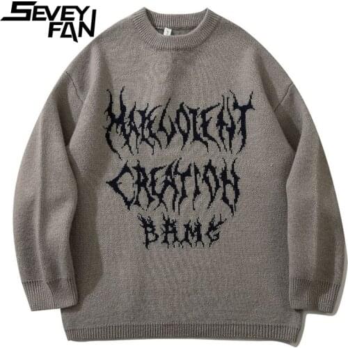 SEVEYFAN Mens Fashion Abstract Sweaters Black Gray Loose Cotton Kintwear Hip Hop Pullover Sweater for Couples