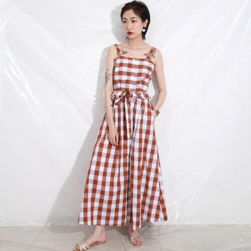 One Set Ladies Summer Style Women Sexy Floor Lengh Length Dresses Casual Strap Plaid Wrap Chest New Sleeveless Dress