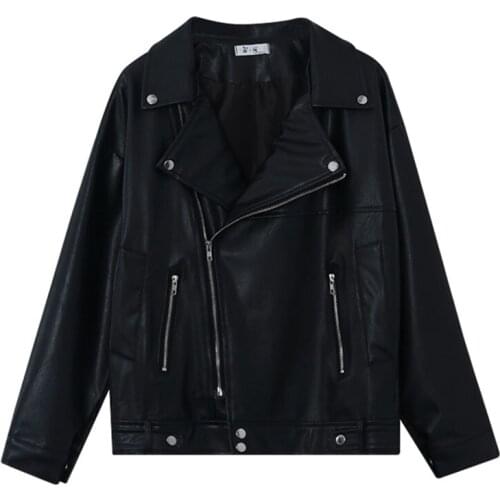 2021 Autumn Women Pu Leather Jacket Woman ZipperLoose casual all-matchShort Coat Female Black Punk Leather the street Outwear