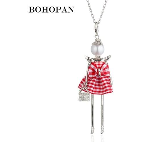 Cute Pendants Necklaces Women Girl Red Plaid Dress Doll Necklace Sector Cloth Design Silver Color Alloy Long Chain Jewelry Gift