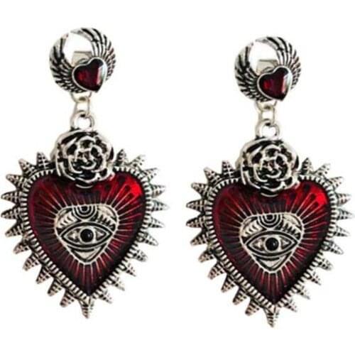 Gothic Punk Evil Eye Rose wing Flower Red Oil Drip Heart Drop Earrings Plant Earrings Gifts For Women Unique Jewelry 2021 Gifts