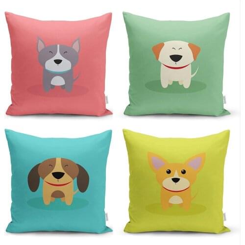 Cute Köpekcikler 4'Lü Pillow Decorate Case Set Quality Stylish Home Garden Room Kitchen Gift Useful Colorful