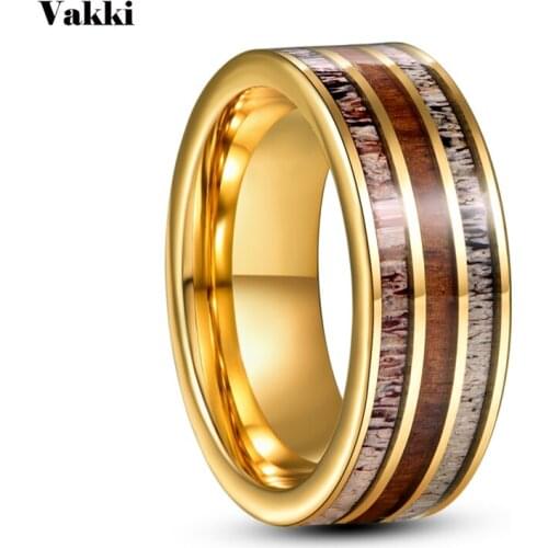 VAKKI 8mm Electric Gold Inlaid Deer Antler Wood Grain Tungsten Carbide Ring Mens Engagement Wedding Jewelry