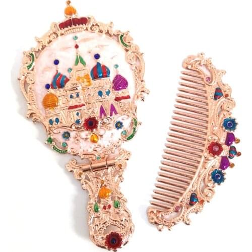 Handle Mirror Comb Retro Euporen 3D Foldable Desktop Princess Mirro with Storage Gift Box Portable Standing Makeup Mirror Set