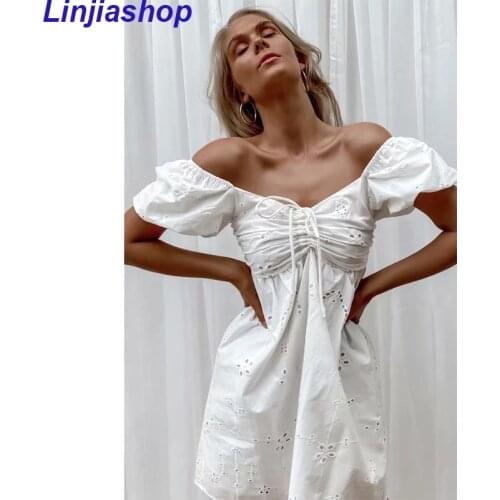 Womens Clothing Elegant White Dresses A-Line Puff Sleeves Elastic Chic Embroidery Hollow Drawstring Short Dress