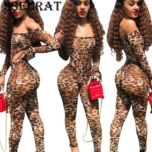SSEURAT Leopard Print Mesh Two Piece Set Women Sexy Long Sleeve Bodysuits+Pants Matching Sets Skinny Streetwear