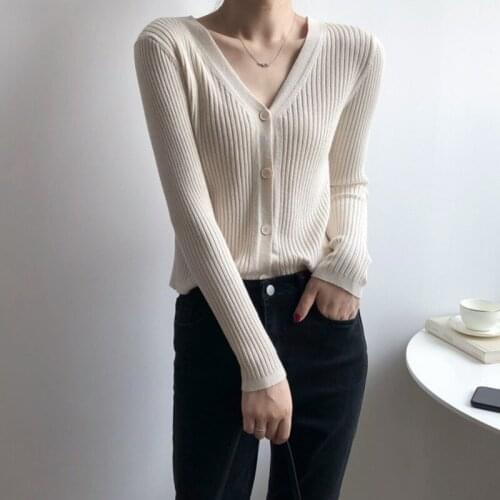 2021 Autumn Women V Neck Short Knitted Cardigan Slim Solid Color Long Sleeve Single Breasted Knitted Sweater Woman Winter Tops