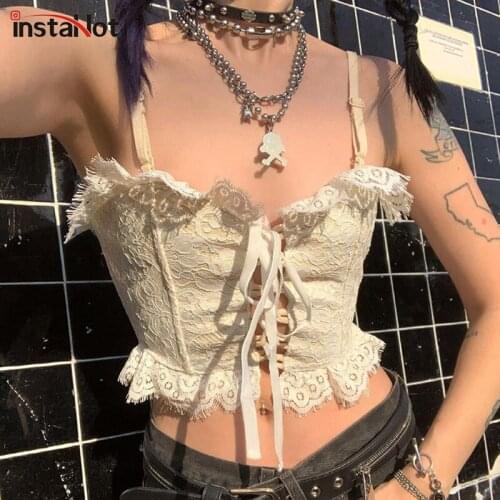 InstaHot Ruffles Lace Bandage Crop Top Camis Sexy Streetwear Vintage Casual Spaghetti Strap Camisole Summer 2021 Female Top