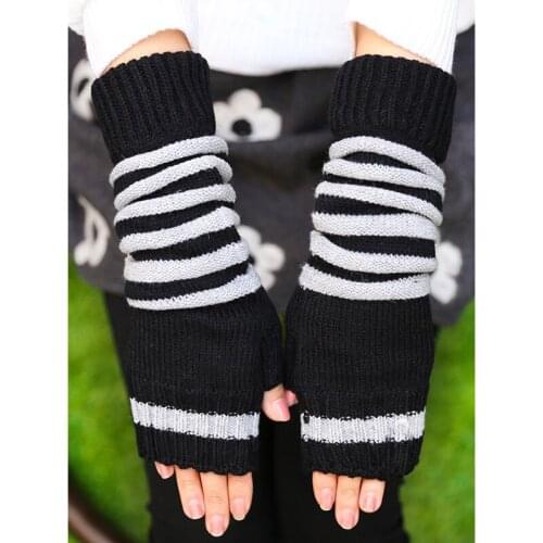 Winter Office Warm Strip Printing Gloves Thicken Arm Guard Fashion Unisex Half Finger Lengthened Arm Cover Dirt-resistant Gloves