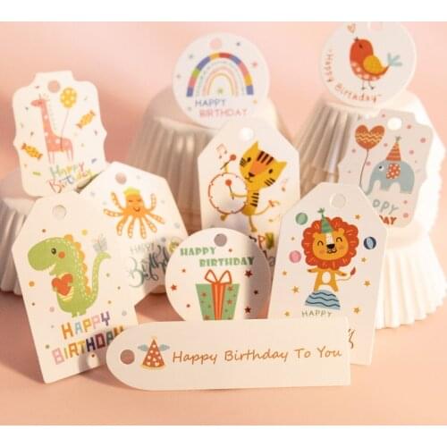 50 100pcs Happy Birthday Tag Cartoon Animal Lion Dinosaur Print Paper Cards Birthday Party Supplies Package Hang Tags DIY Card