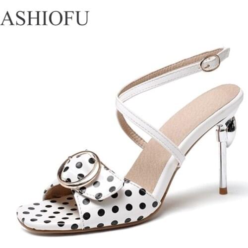 ASHIOFU Womens High Heel Sandals X-buckle Strap Summer Shoes Black-dots Leather Party Prom Fashion Evening Sandals Shoes