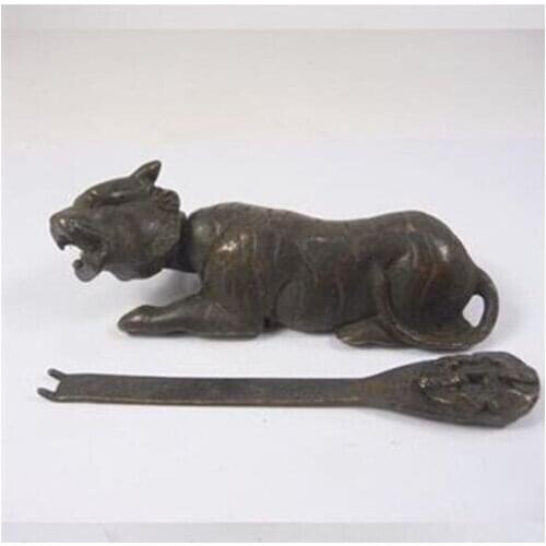 Asian Antiques China Decorated Copper Usable Tiger Shaped Lock and Key statue Christmas gift shipping free