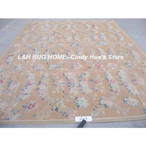 Free shipping 10'x14' French Aubusson weave woolen carpeBrick red color with white rose designs
