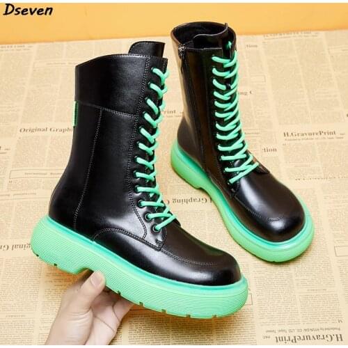 Green Martin Boots Female Leather 2021 New Retro Thick-soled Big-toed Boots Womens Patent Leather Personality Short Boots Woman