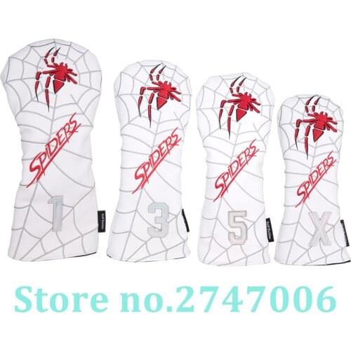 White PU with Spider Embroidery Wood Head Cover Golf Club Driver Fairway Wood FW Hybrid Head Cover
