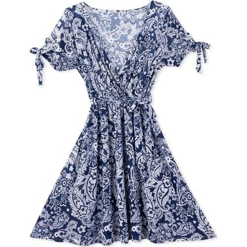 Neatie kiddie New Fashion Floral Summer Short Sleeve Dress Elegant Women Sexy V-neck Slim Office Lady Bow Sashes Robes female