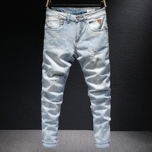 Korean Style Fashion Men Jeans High Quality Retro Light Blue Elastic Cotton Ripped Jeans Men Streetwear Hip Hop Slim Denim Pants